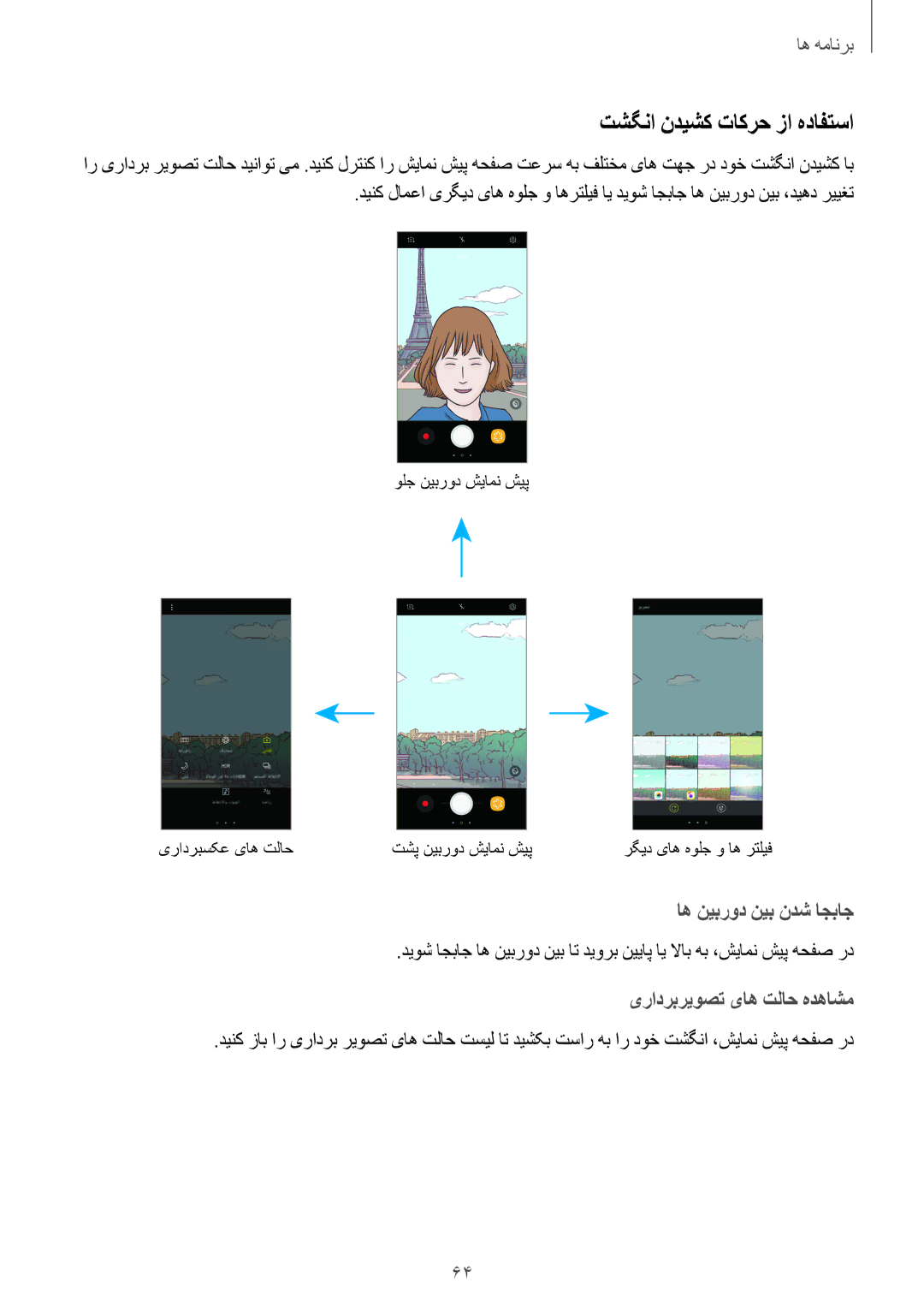 Samsung SM-J701FZDDKSA, SM-J701FZKDKSA manual تشگنا ندیشک تاکرح زا هدافتسا, یرادربریوصت یاه تلاح هدهاشم 