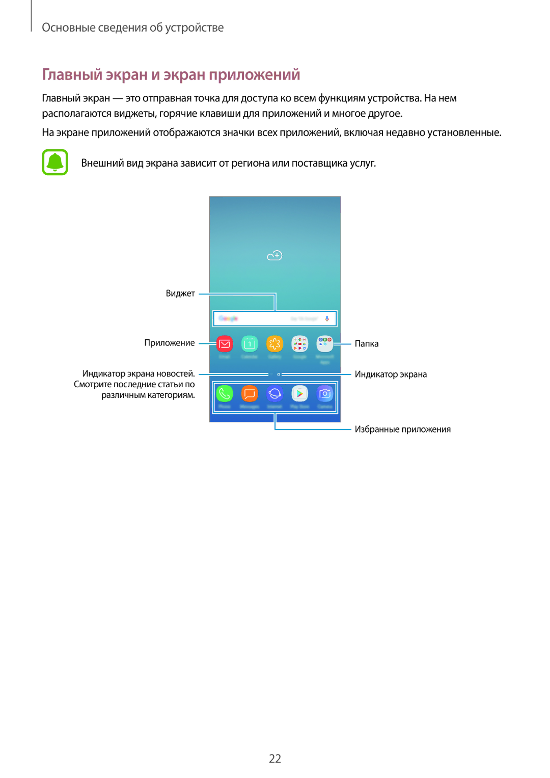 Samsung SM-J701FZKDSER manual Главный экран и экран приложений, Внешний вид экрана зависит от региона или поставщика услуг 