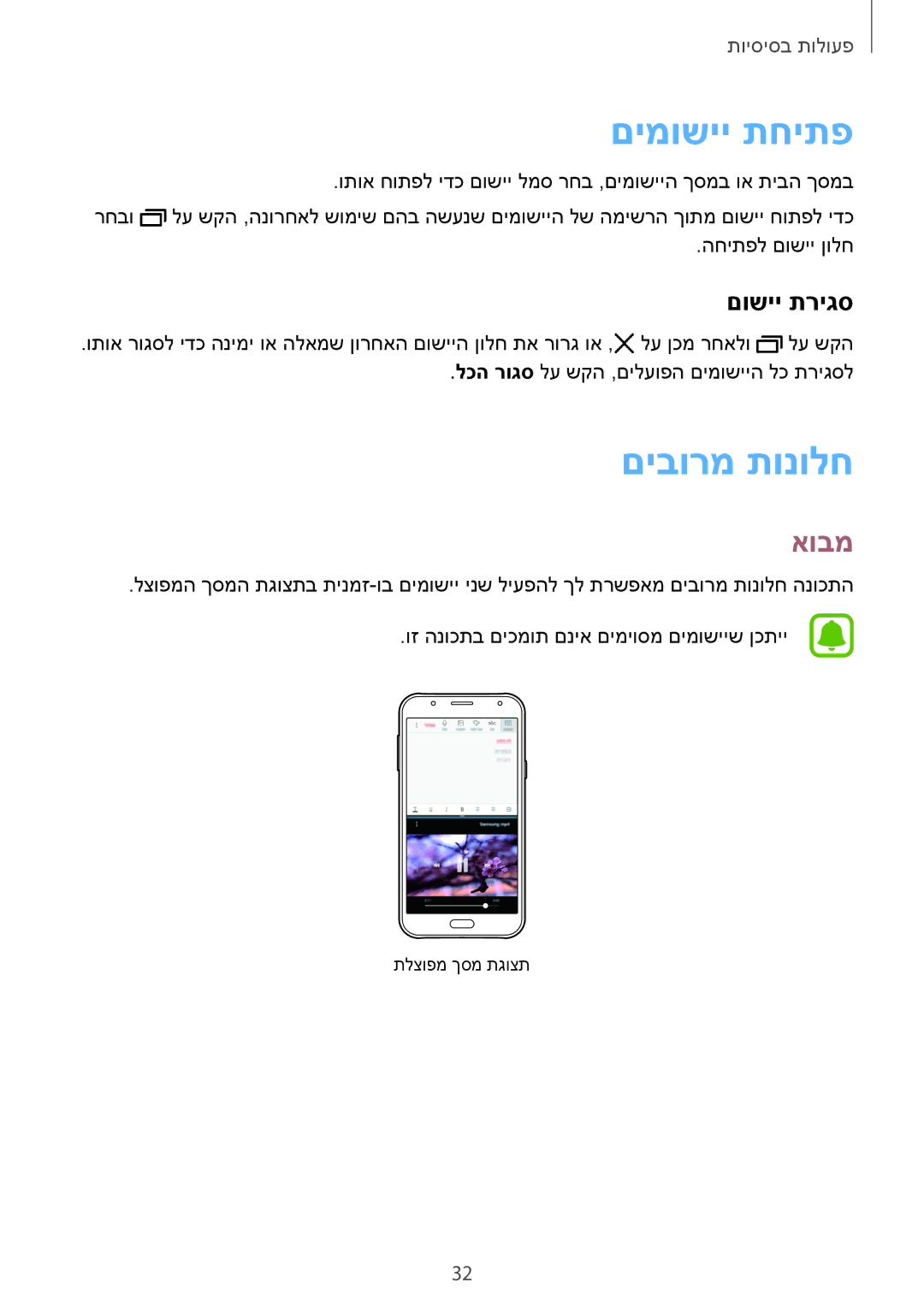 Samsung SM-J701FZSEILO, SM-J701FZKEILO, SM-J701FZDEILO manual םימושיי תחיתפ, םיבורמ תונולח, אובמ, םושיי תריגס 