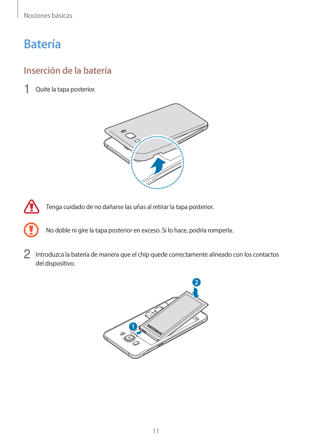 Samsung SM-J510FZDUPHE, SM-J710FZDNPHE, SM-J510FZDNPHE, SM-J710FZKNPHE, SM-J510FZKUPHE manual Batería, Inserción de la batería 