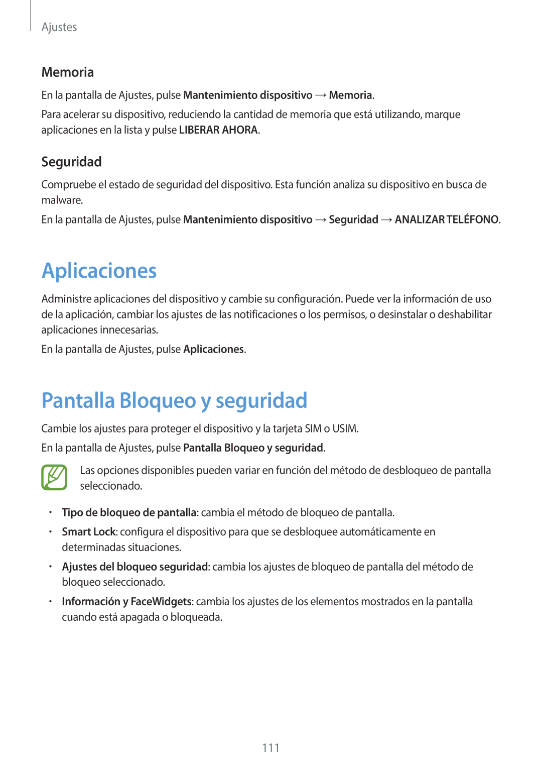 Samsung SM-J510FZWUPHE, SM-J710FZDNPHE, SM-J510FZDNPHE manual Aplicaciones, Pantalla Bloqueo y seguridad, Memoria, Seguridad 