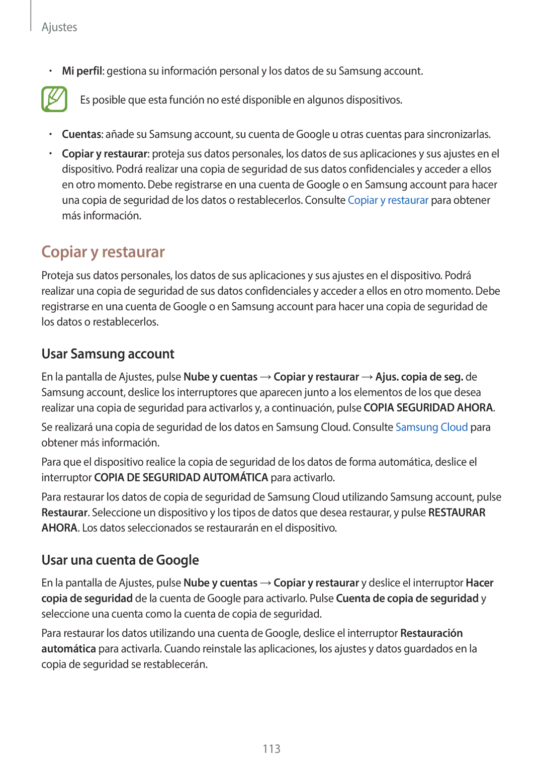 Samsung SM-J510FZDNPHE, SM-J710FZDNPHE, SM-J710FZKNPHE Copiar y restaurar, Usar Samsung account, Usar una cuenta de Google 