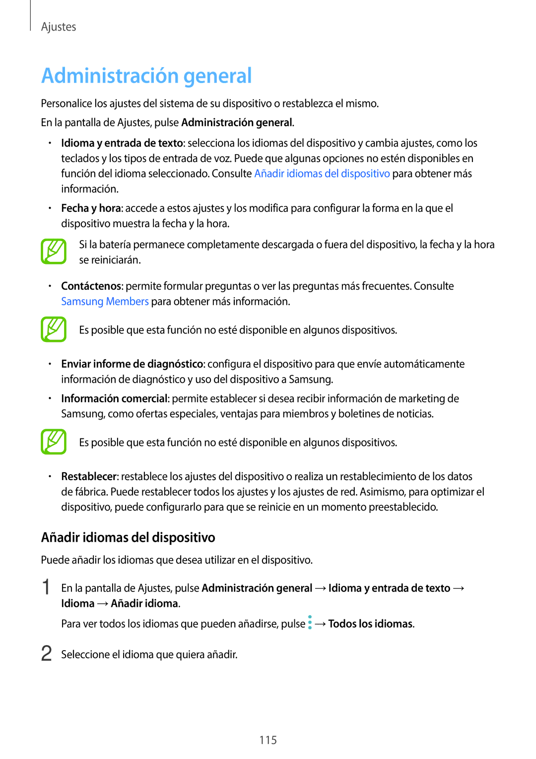 Samsung SM-J510FZKUPHE, SM-J710FZDNPHE, SM-J510FZDNPHE manual Administración general, Añadir idiomas del dispositivo 