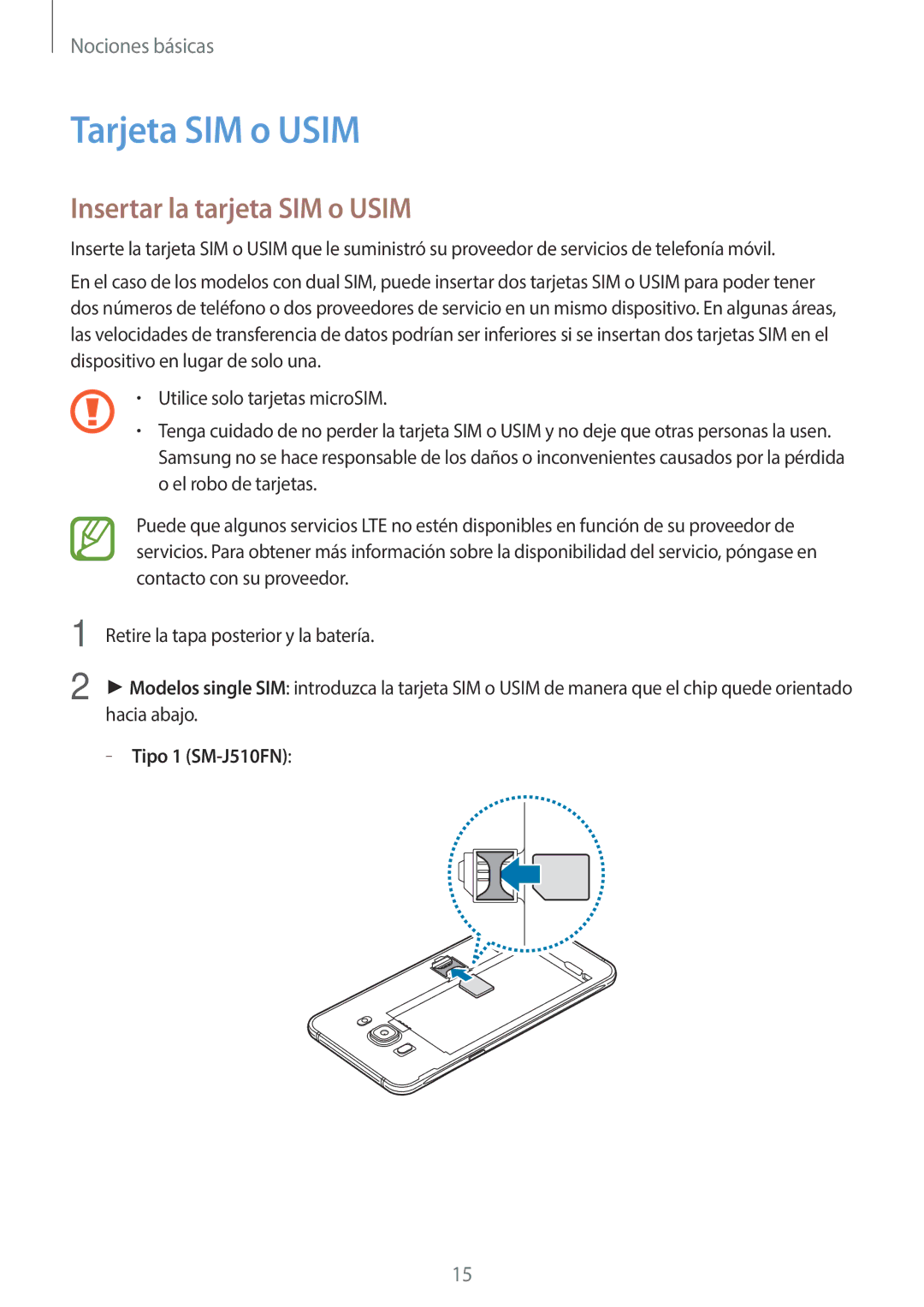 Samsung SM-J510FZDNPHE, SM-J710FZDNPHE, SM-J710FZKNPHE, SM-J510FZKUPHE Tarjeta SIM o Usim, Insertar la tarjeta SIM o Usim 