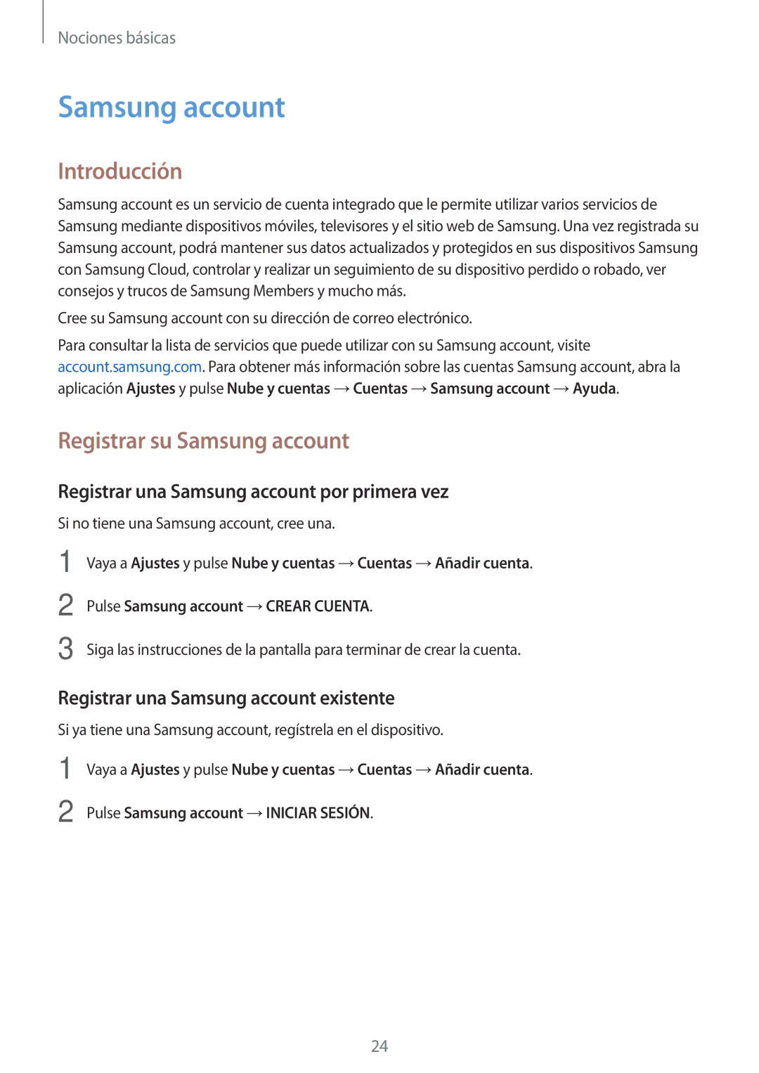 Samsung SM-J510FZKUPHE manual Introducción, Registrar su Samsung account, Registrar una Samsung account por primera vez 