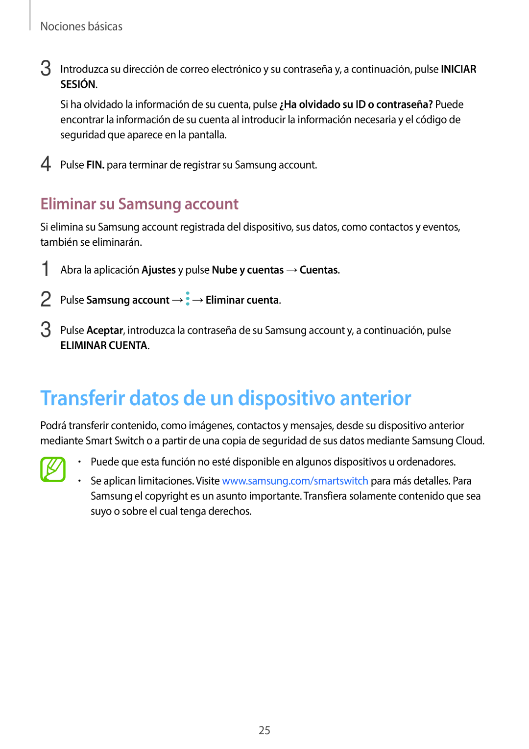 Samsung SM-J510FZDUPHE, SM-J710FZDNPHE manual Transferir datos de un dispositivo anterior, Eliminar su Samsung account 