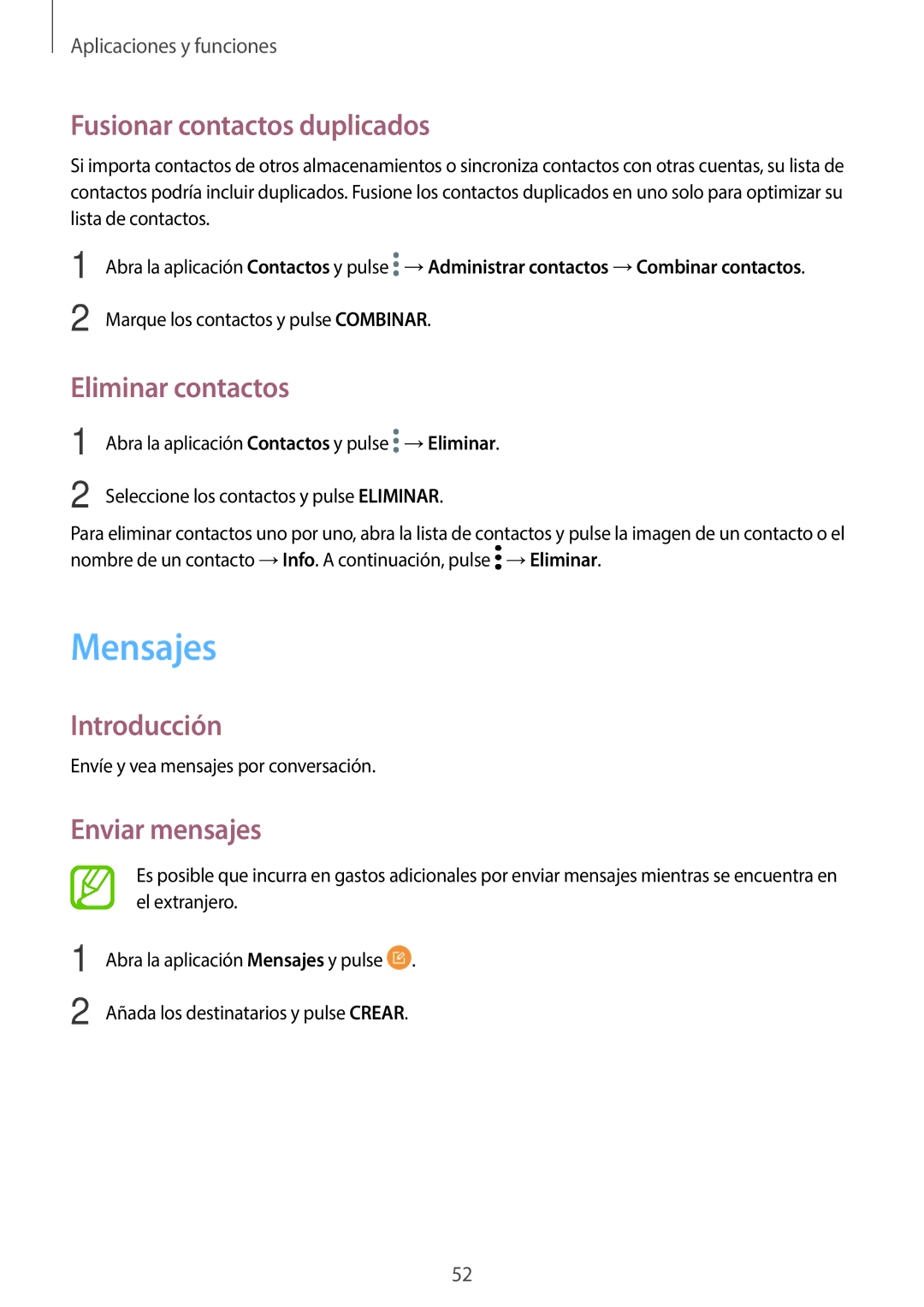 Samsung SM-J510FZKUPHE, SM-J710FZDNPHE manual Mensajes, Fusionar contactos duplicados, Eliminar contactos, Enviar mensajes 