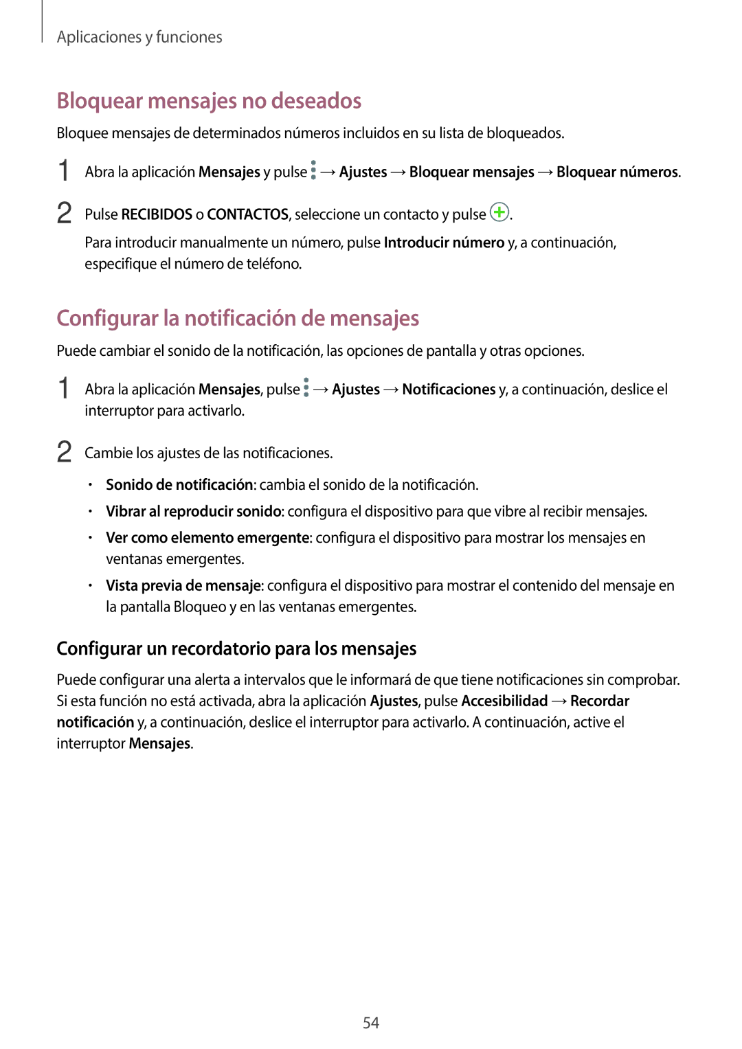 Samsung SM-J710FZWNPHE, SM-J710FZDNPHE manual Bloquear mensajes no deseados, Configurar la notificación de mensajes 