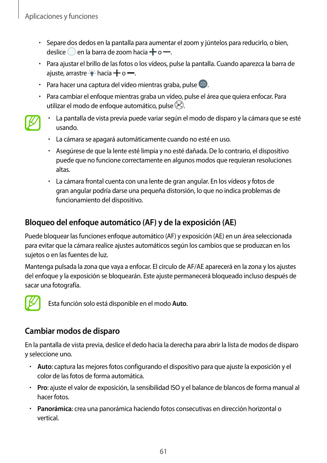 Samsung SM-J710FZWNPHE, SM-J710FZDNPHE Bloqueo del enfoque automático AF y de la exposición AE, Cambiar modos de disparo 