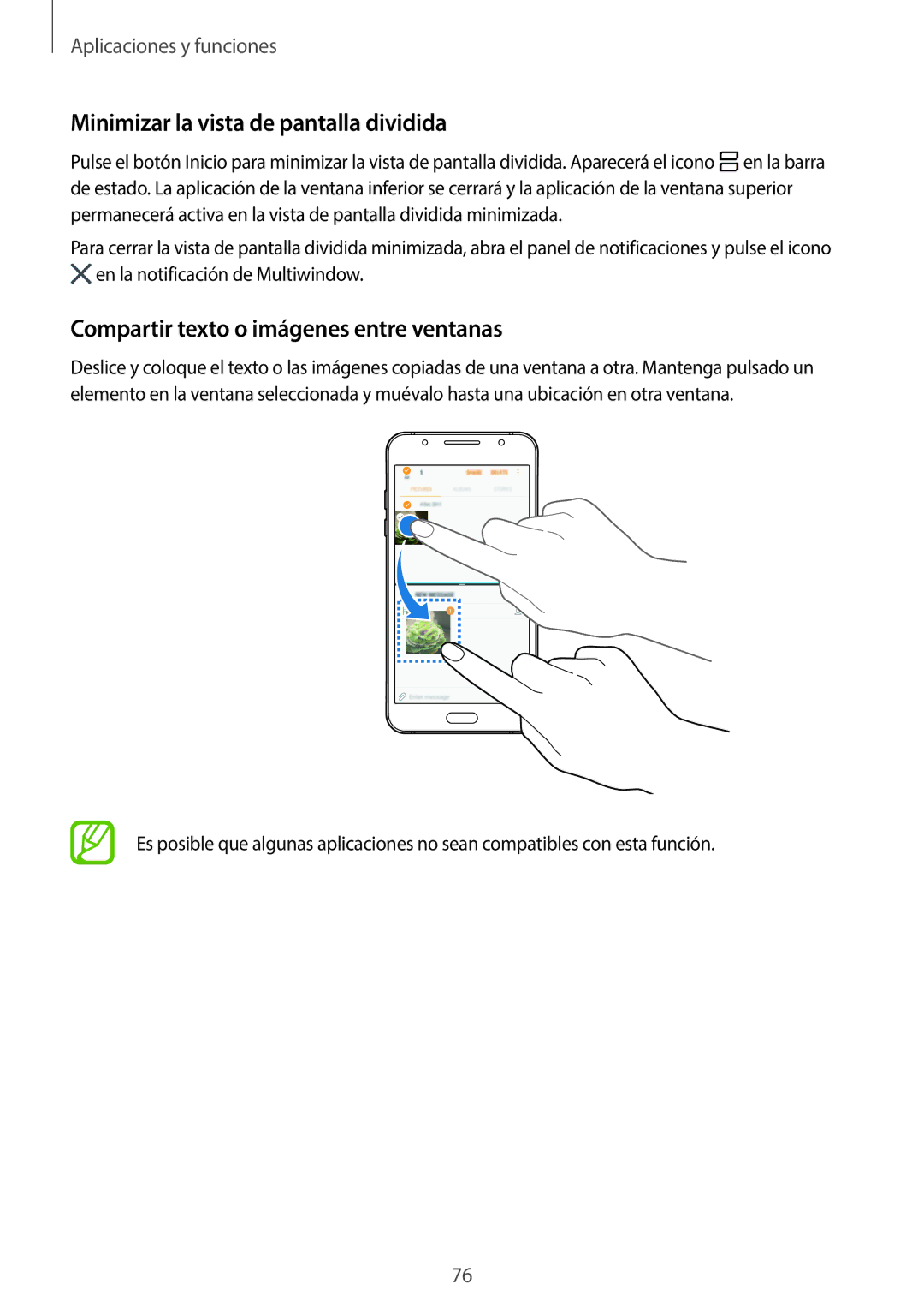 Samsung SM-J510FZWUPHE, SM-J710FZDNPHE Minimizar la vista de pantalla dividida, Compartir texto o imágenes entre ventanas 