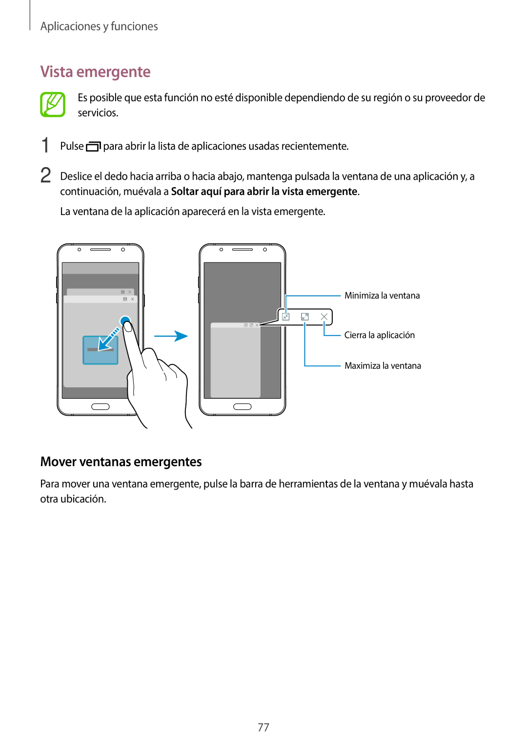 Samsung SM-J710FZDNPHE, SM-J510FZDNPHE, SM-J710FZKNPHE, SM-J510FZKUPHE manual Vista emergente, Mover ventanas emergentes 