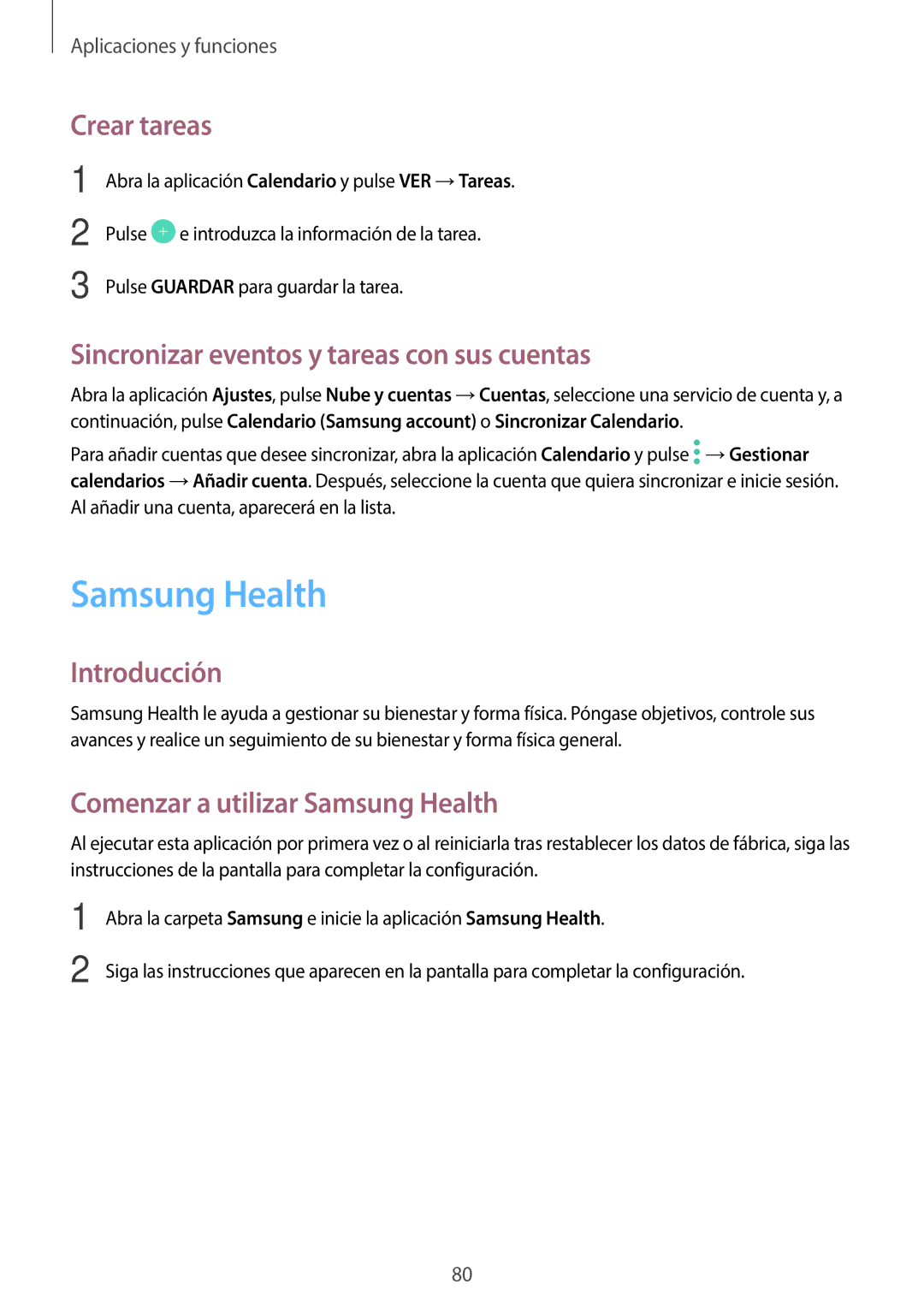 Samsung SM-J510FZKUPHE, SM-J710FZDNPHE manual Samsung Health, Crear tareas, Sincronizar eventos y tareas con sus cuentas 