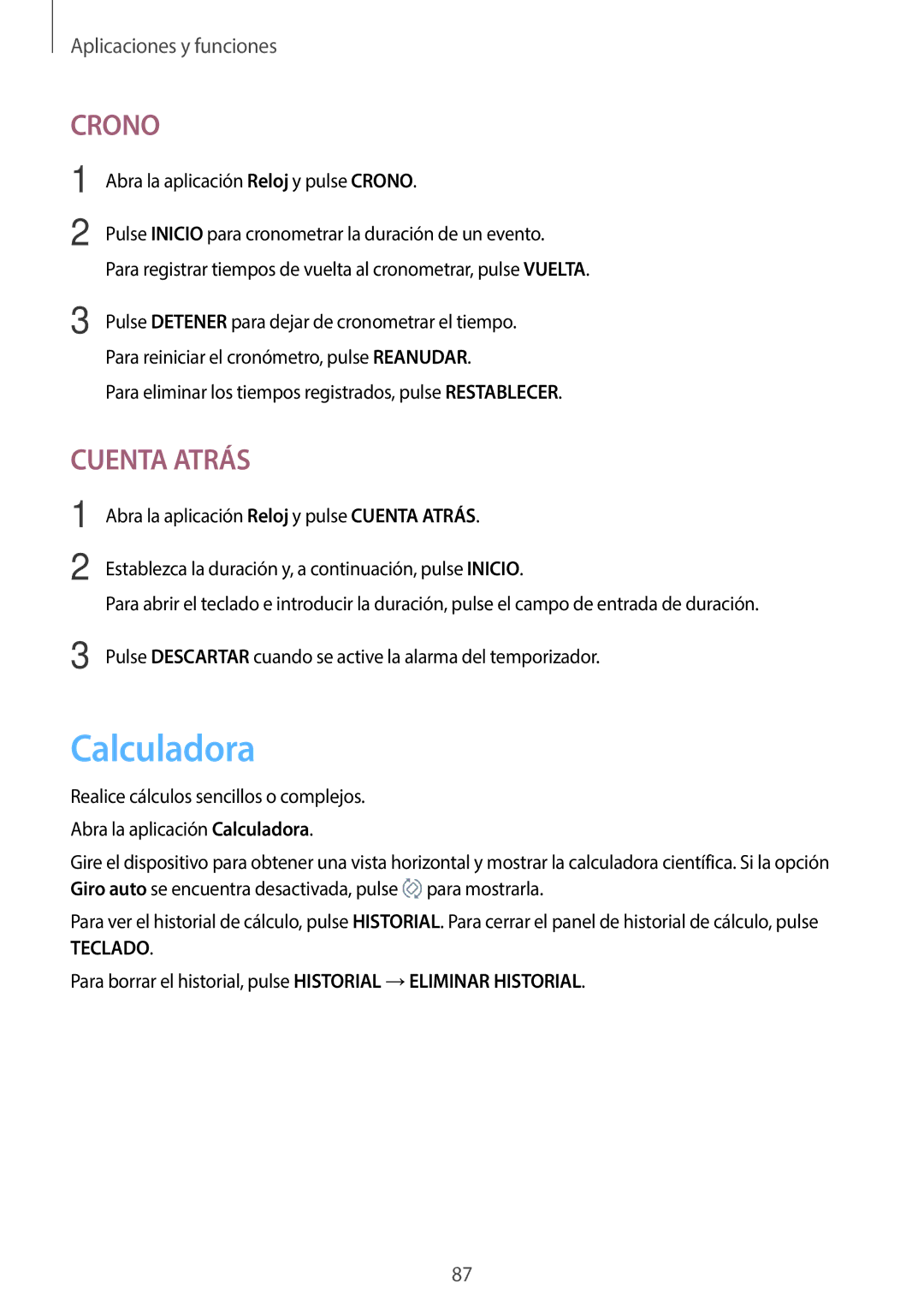 Samsung SM-J510FZKUPHE, SM-J710FZDNPHE, SM-J510FZDNPHE, SM-J710FZKNPHE, SM-J510FZDUPHE, SM-J710FZWNPHE manual Calculadora, Crono 