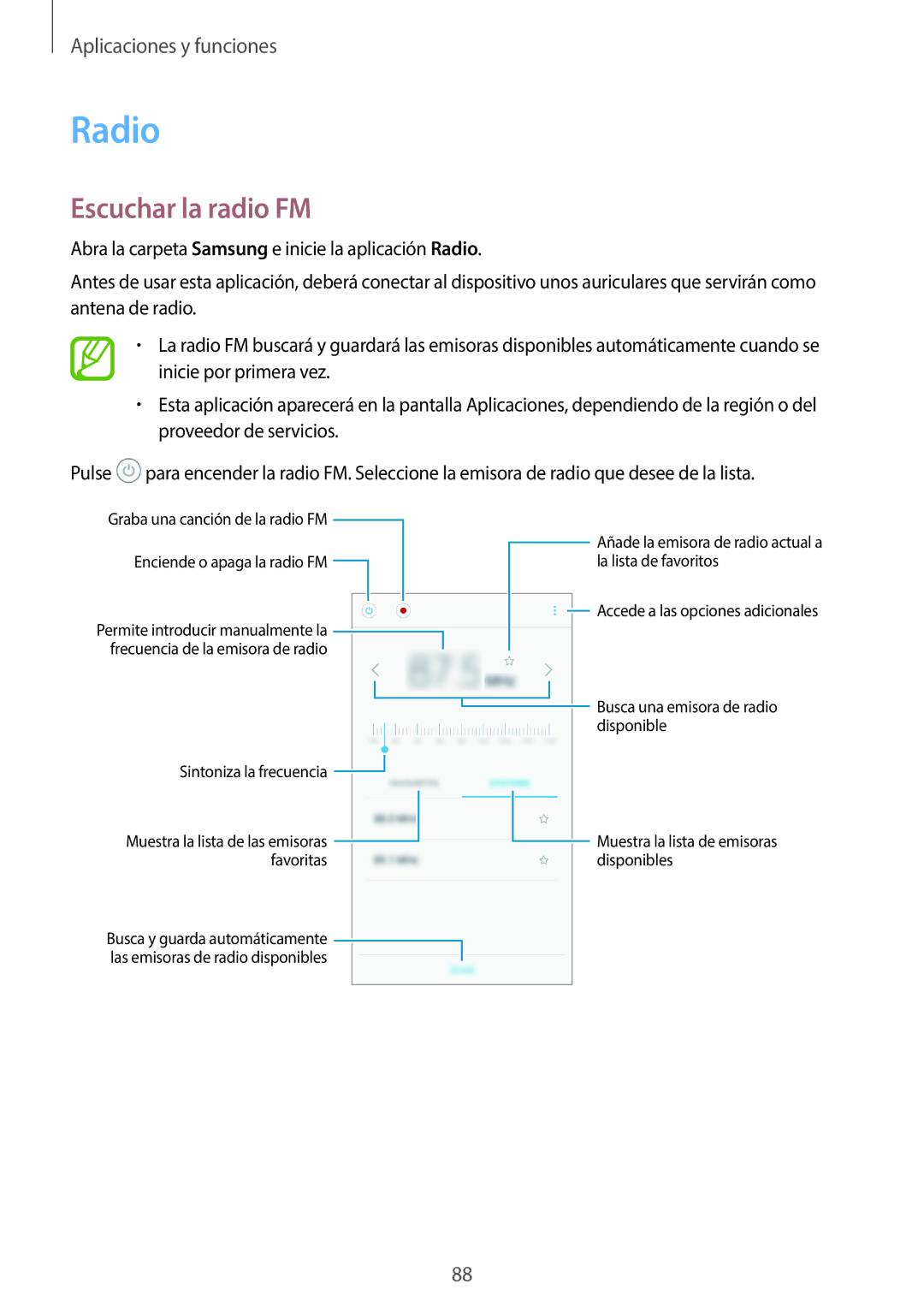 Samsung SM-J510FZDUPHE, SM-J710FZDNPHE, SM-J510FZDNPHE, SM-J710FZKNPHE, SM-J510FZKUPHE manual Radio, Escuchar la radio FM 