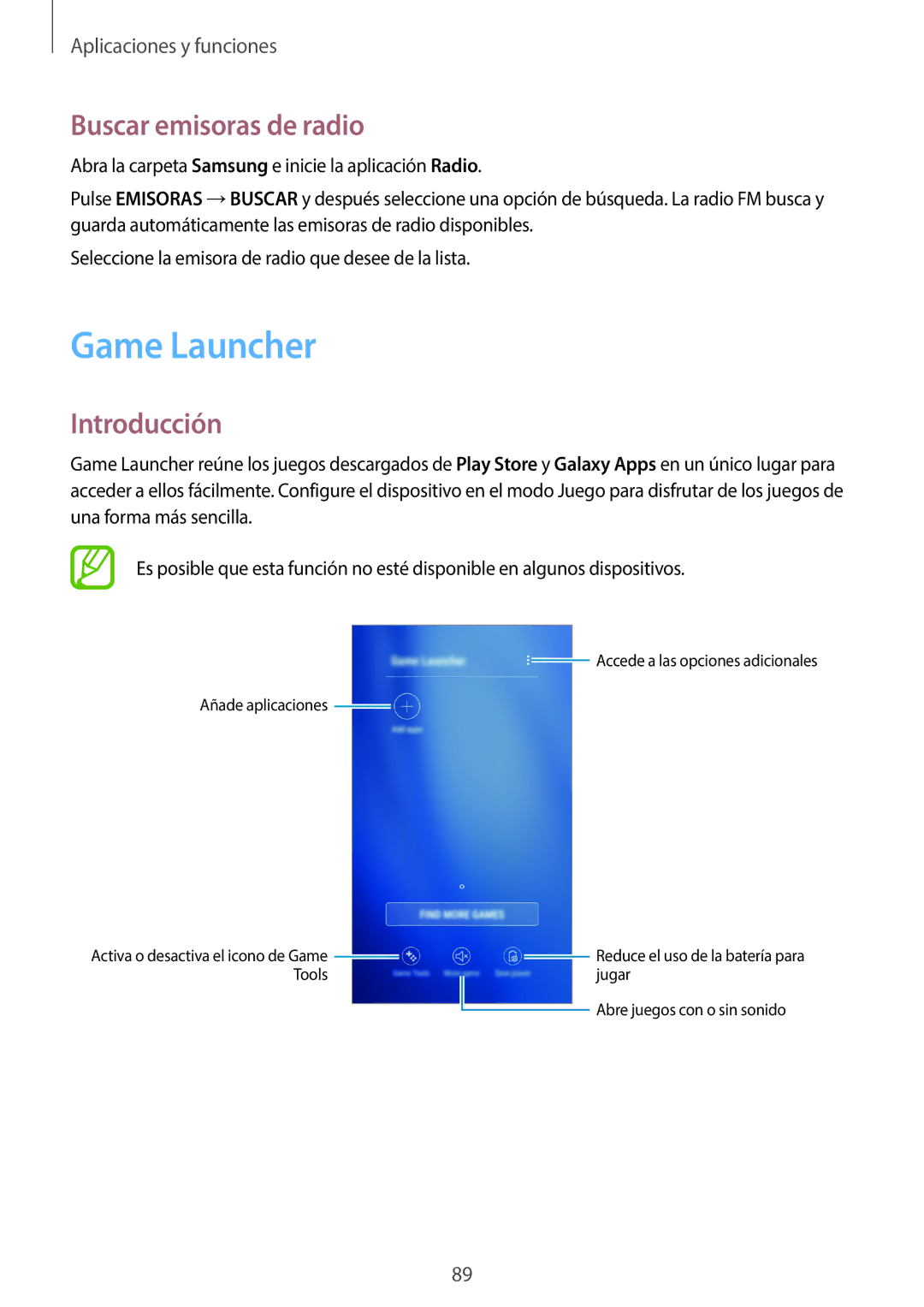 Samsung SM-J710FZWNPHE, SM-J710FZDNPHE, SM-J510FZDNPHE, SM-J710FZKNPHE manual Game Launcher, Buscar emisoras de radio 