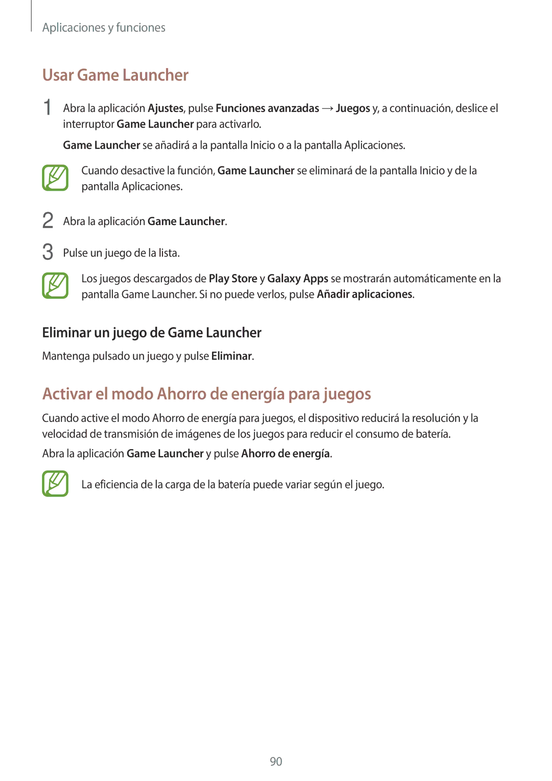 Samsung SM-J510FZWUPHE, SM-J710FZDNPHE, SM-J510FZDNPHE Usar Game Launcher, Activar el modo Ahorro de energía para juegos 