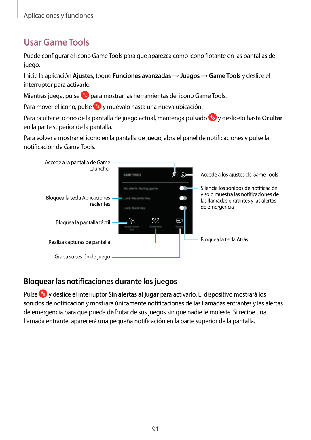 Samsung SM-J710FZDNPHE, SM-J510FZDNPHE, SM-J710FZKNPHE manual Usar Game Tools, Bloquear las notificaciones durante los juegos 