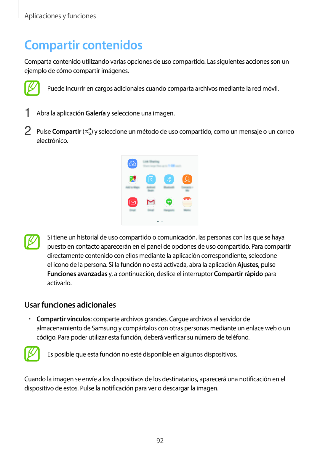 Samsung SM-J510FZDNPHE, SM-J710FZDNPHE, SM-J710FZKNPHE, SM-J510FZKUPHE manual Compartir contenidos, Usar funciones adicionales 