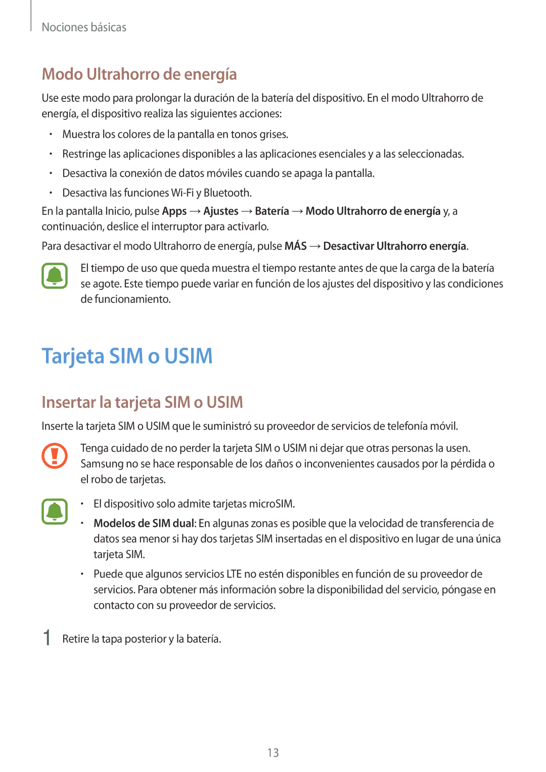 Samsung SM-J510FZWUPHE, SM-J710FZDNPHE manual Tarjeta SIM o Usim, Modo Ultrahorro de energía, Insertar la tarjeta SIM o Usim 