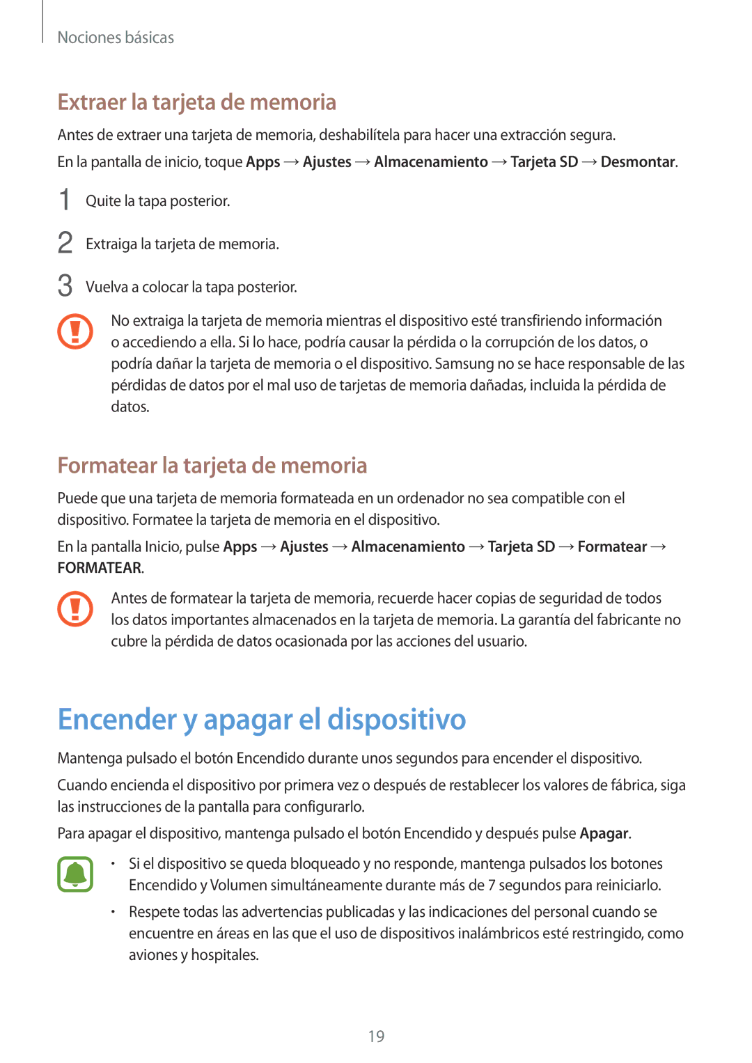 Samsung SM-J710FZWNPHE Encender y apagar el dispositivo, Extraer la tarjeta de memoria, Formatear la tarjeta de memoria 