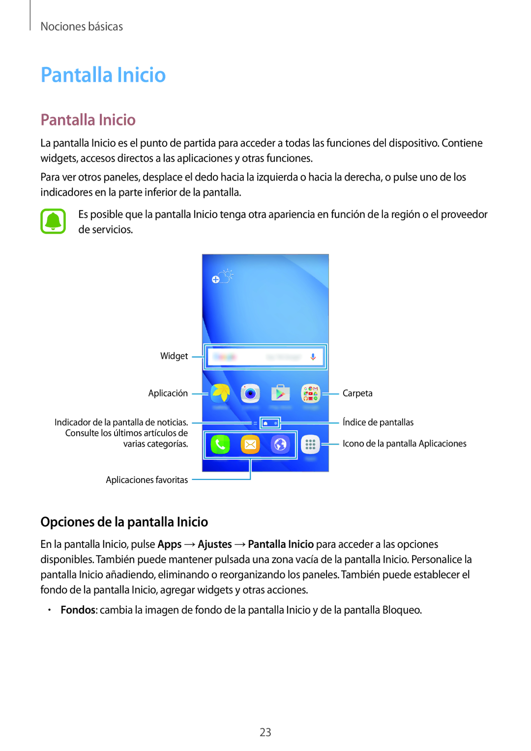 Samsung SM-J710FZKNPHE, SM-J710FZDNPHE, SM-J510FZDNPHE, SM-J510FZKUPHE manual Pantalla Inicio, Opciones de la pantalla Inicio 