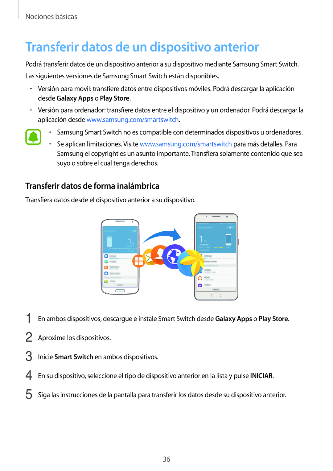 Samsung SM-J510FZDNPHE, SM-J710FZDNPHE Transferir datos de un dispositivo anterior, Transferir datos de forma inalámbrica 