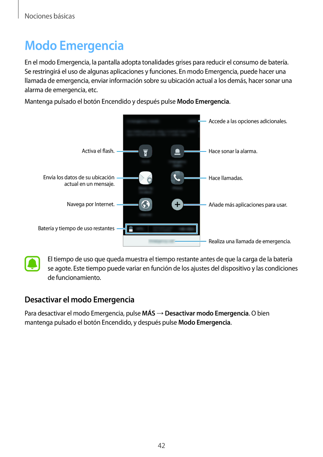 Samsung SM-J710FZDNPHE, SM-J510FZDNPHE, SM-J710FZKNPHE, SM-J510FZKUPHE manual Modo Emergencia, Desactivar el modo Emergencia 