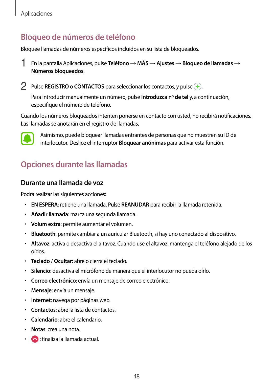 Samsung SM-J510FZWUPHE manual Bloqueo de números de teléfono, Opciones durante las llamadas, Durante una llamada de voz 