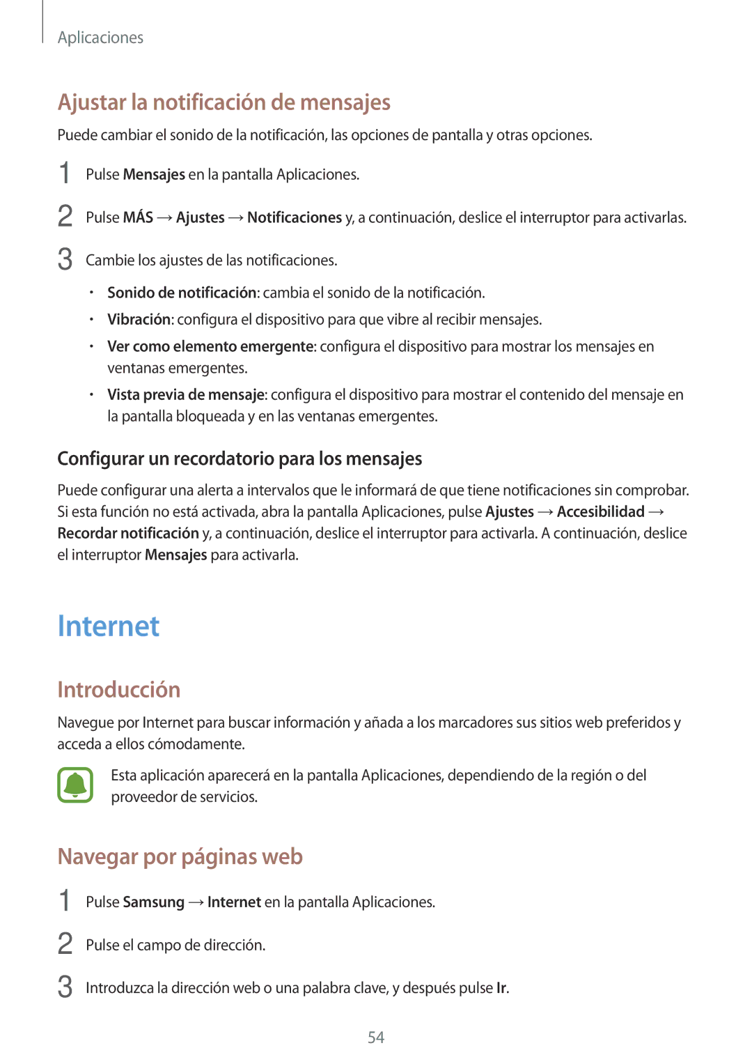 Samsung SM-J710FZWNPHE, SM-J710FZDNPHE manual Internet, Ajustar la notificación de mensajes, Navegar por páginas web 