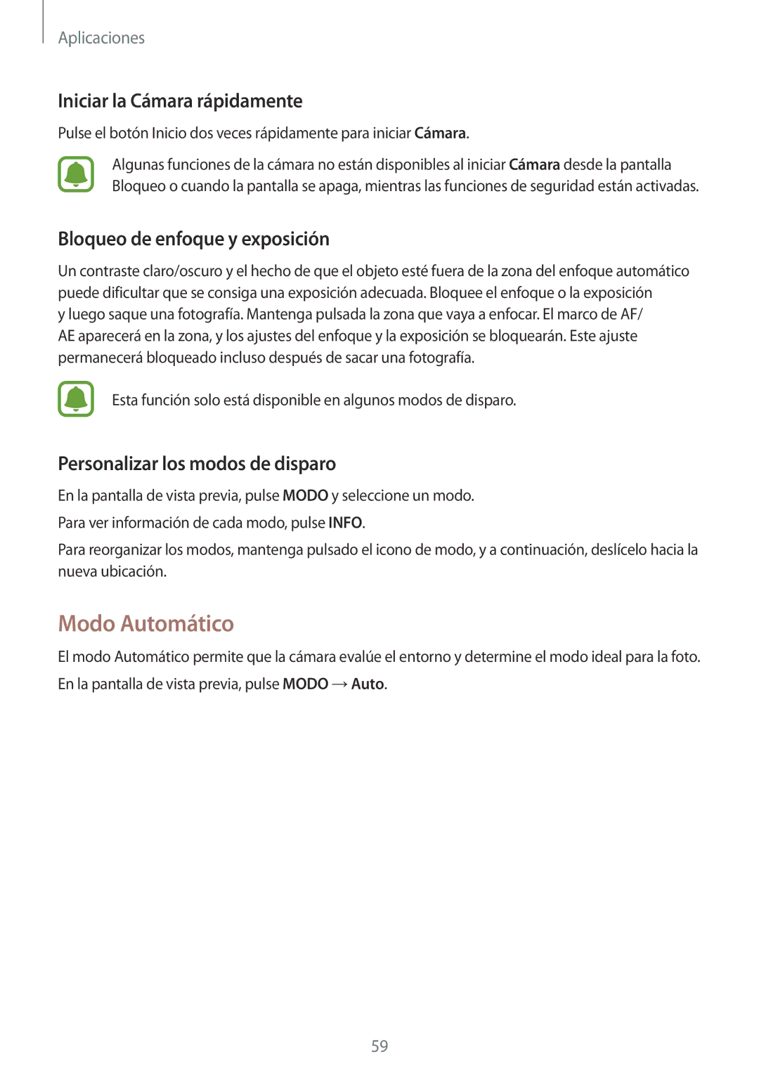 Samsung SM-J510FZKUPHE, SM-J710FZDNPHE Modo Automático, Iniciar la Cámara rápidamente, Bloqueo de enfoque y exposición 