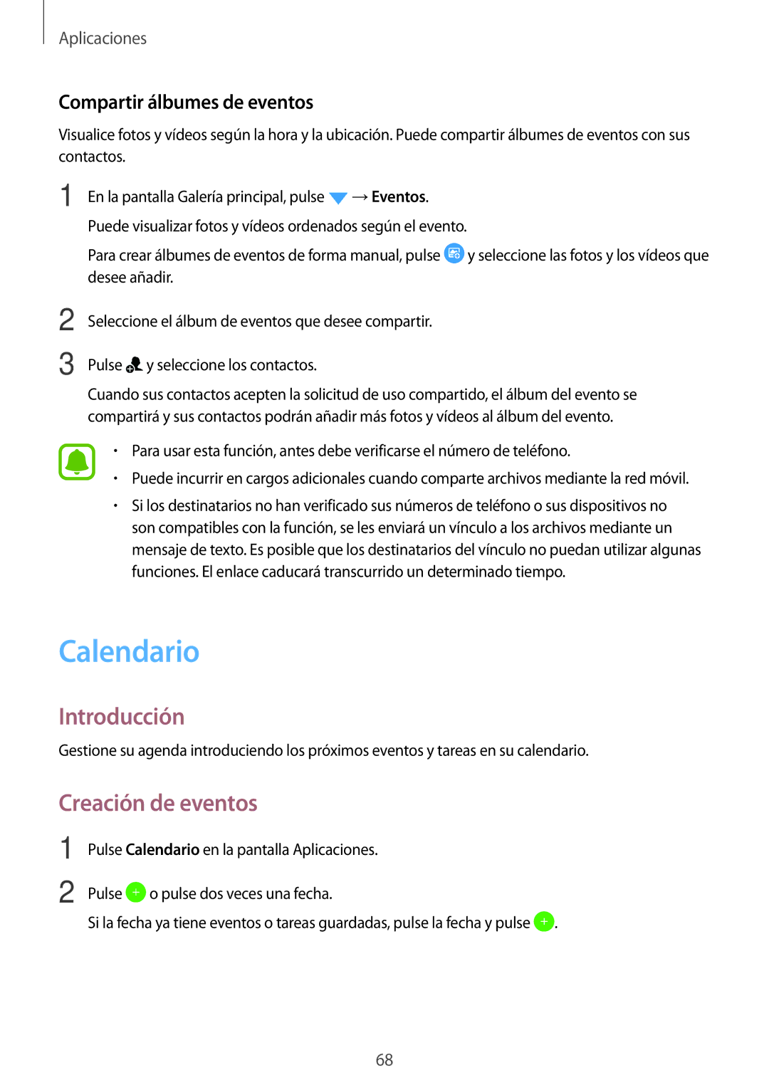 Samsung SM-J710FZWNPHE, SM-J710FZDNPHE, SM-J510FZDNPHE manual Calendario, Creación de eventos, Compartir álbumes de eventos 