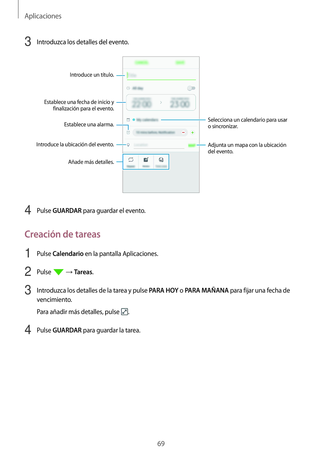 Samsung SM-J510FZWUPHE, SM-J710FZDNPHE, SM-J510FZDNPHE manual Creación de tareas, Introduzca los detalles del evento 