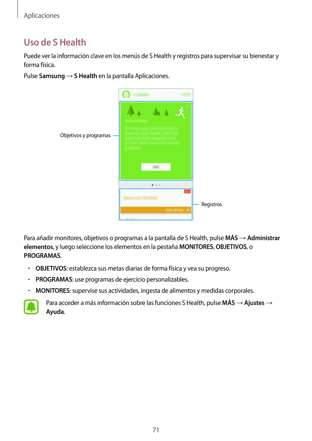 Samsung SM-J510FZDNPHE, SM-J710FZDNPHE, SM-J710FZKNPHE, SM-J510FZKUPHE, SM-J510FZDUPHE manual Uso de S Health, Programas 