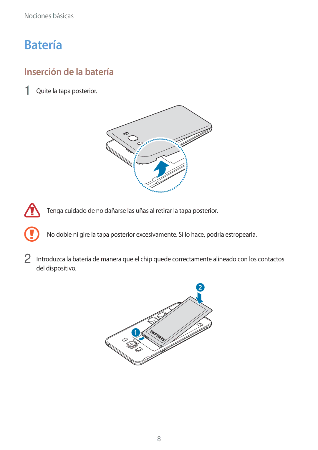 Samsung SM-J510FZDNPHE, SM-J710FZDNPHE, SM-J710FZKNPHE, SM-J510FZKUPHE, SM-J510FZDUPHE manual Batería, Inserción de la batería 