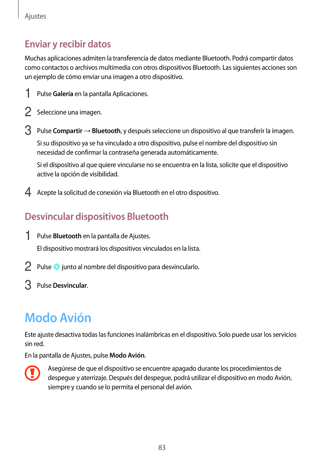 Samsung SM-J510FZWUPHE manual Modo Avión, Enviar y recibir datos, Desvincular dispositivos Bluetooth, Pulse Desvincular 