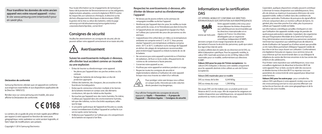 Samsung SM-J710FZKNXEF Consignes de sécurité, Avertissement, Informations sur la certification, Déclaration de conformité 