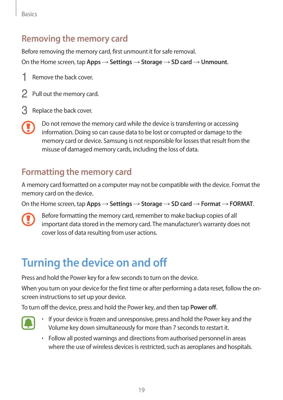 Samsung SM-J710FZKNETL, SM-J710FZKNDBT Turning the device on and off, Removing the memory card, Formatting the memory card 