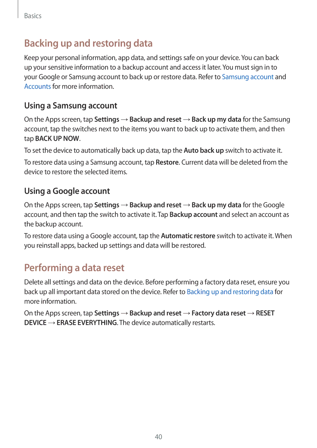 Samsung SM-J710FZWNXEF, SM-J710FZKNDBT Backing up and restoring data, Performing a data reset, Using a Samsung account 