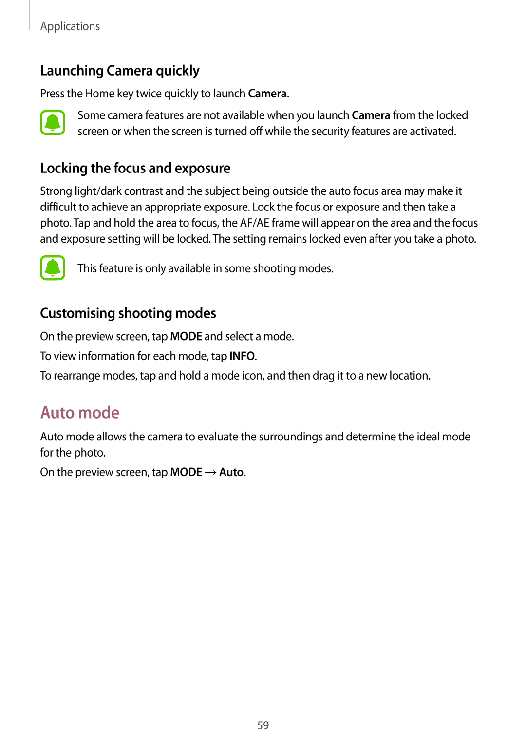 Samsung SM-J710FZKNEUR Auto mode, Launching Camera quickly, Locking the focus and exposure, Customising shooting modes 