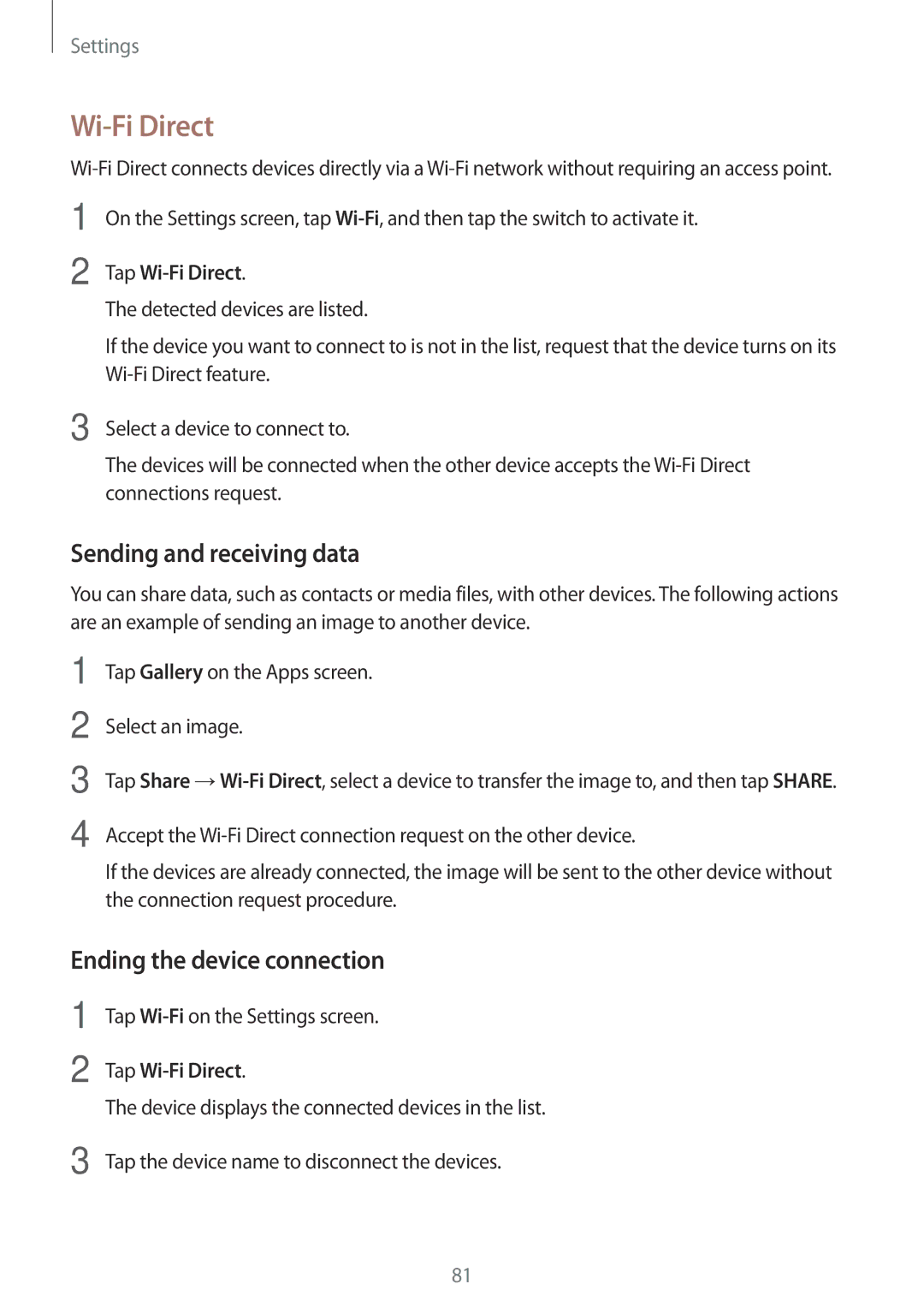 Samsung SM-J710FZDNPHE, SM-J710FZKNDBT manual Sending and receiving data, Ending the device connection, Tap Wi-Fi Direct 