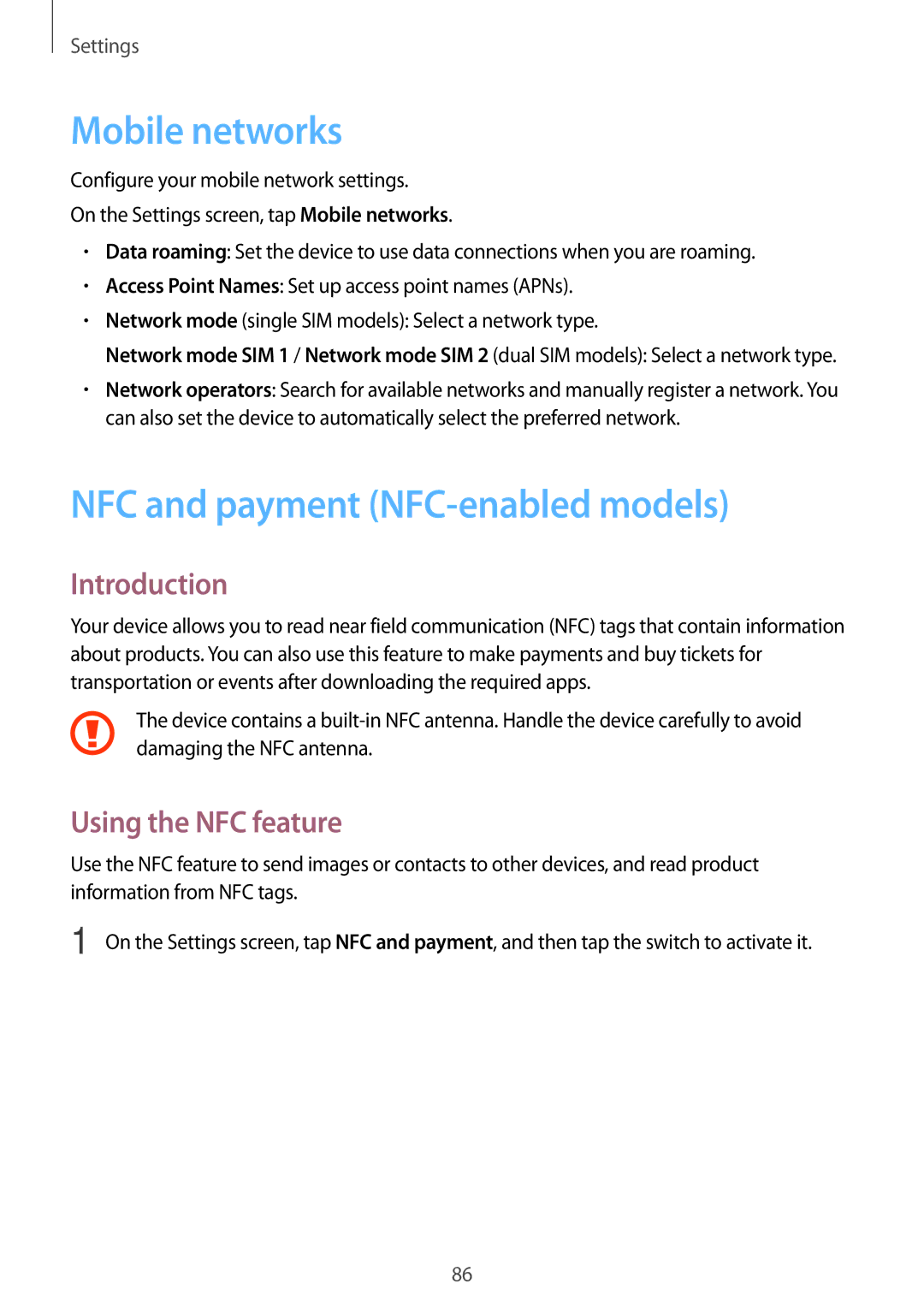 Samsung SM-J710FZWDKSA, SM-J710FZKNDBT manual Mobile networks, NFC and payment NFC-enabled models, Using the NFC feature 