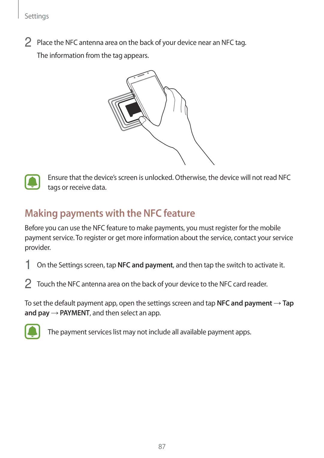 Samsung SM-J710FZDUXXV, SM-J710FZKNDBT, SM-J710FZWNDBT, SM-J710FZDNDBT, SM-J710FZDNXEF Making payments with the NFC feature 