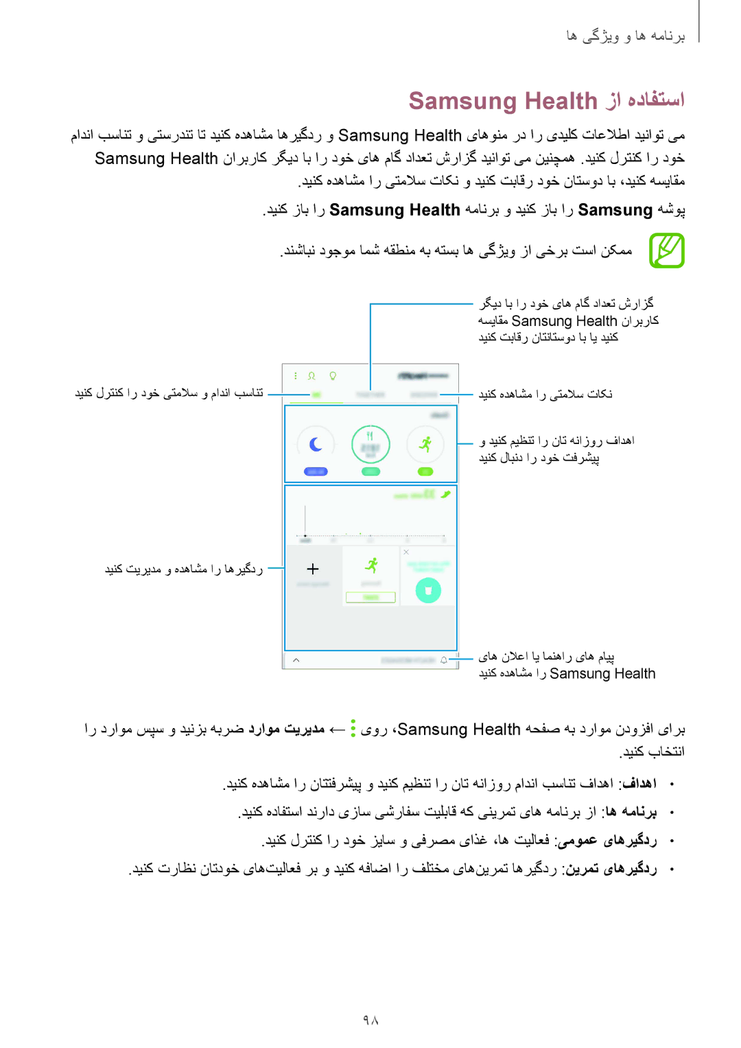 Samsung SM-J720FZVDKSA, SM-J720FZKDKSA, SM-J720FZDDKSA manual Samsung Health زا هدافتسا, دینک باختنا 