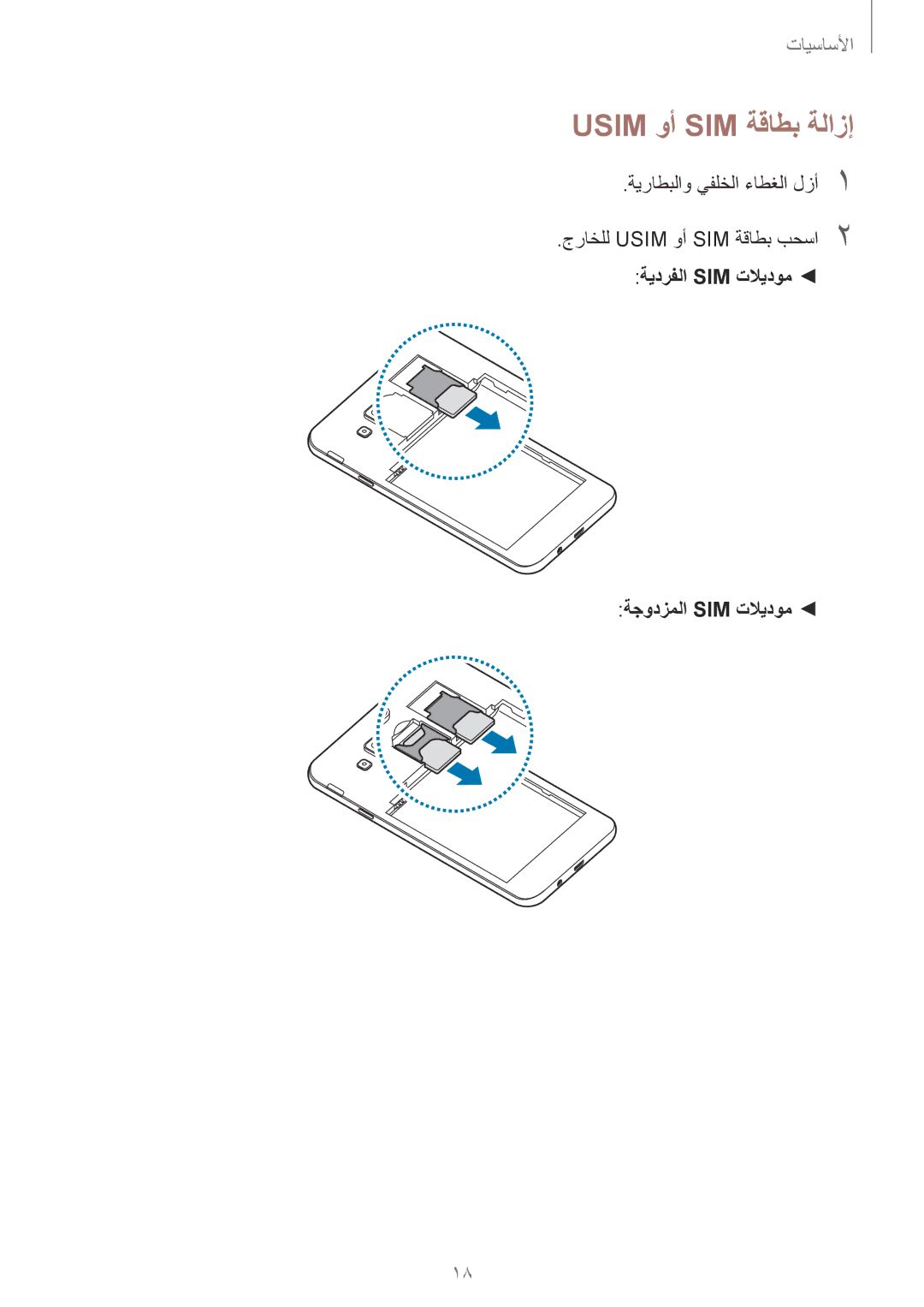 Samsung SM-J720FZKDKSA manual Usim وأ SIM ةقاطب ةلازإ, ةيراطبلاو يفلخلا ءاطغلا لزأ1 جراخلل Usim وأ SIM ةقاطب بحسا2 