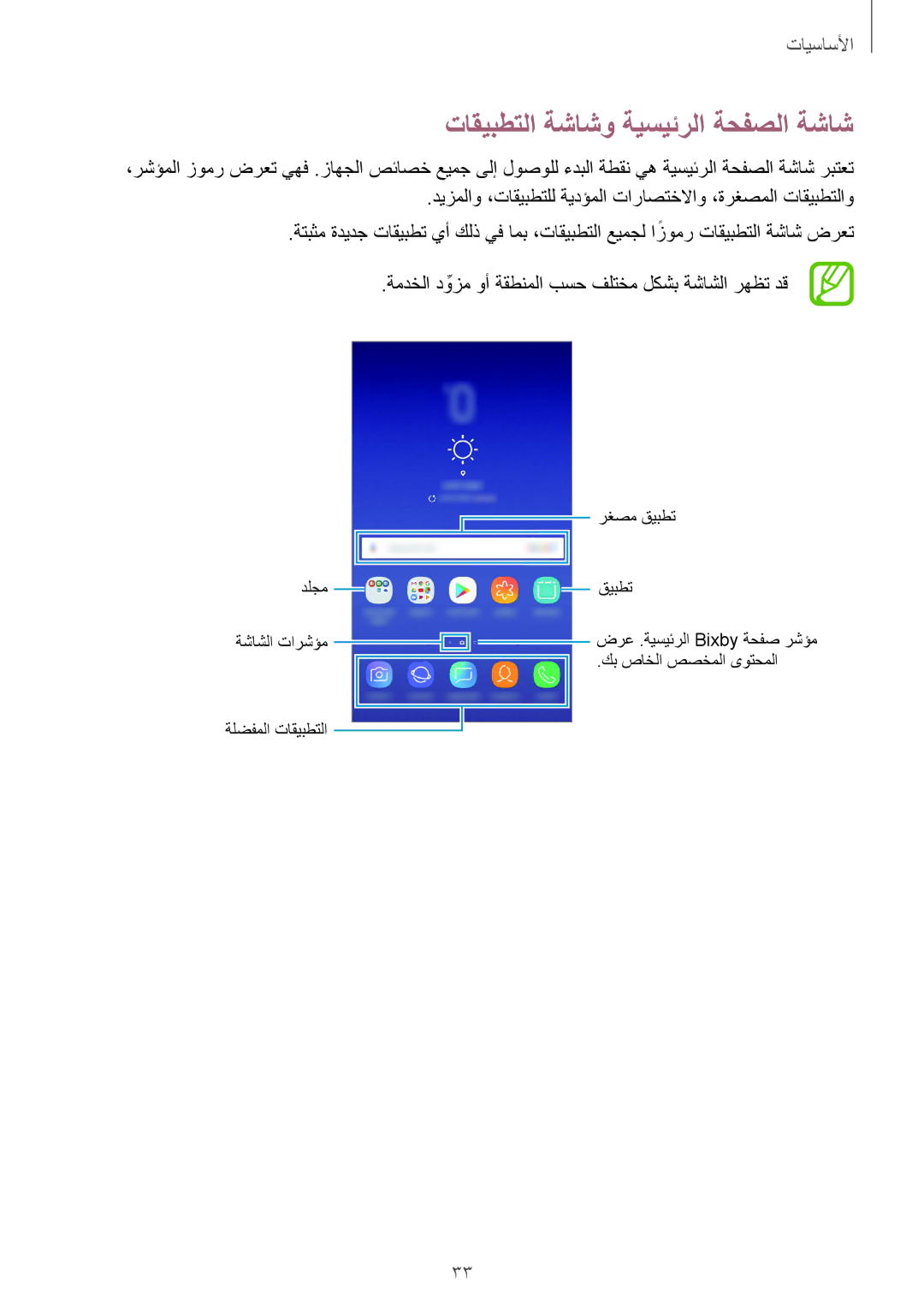 Samsung SM-J720FZKDKSA, SM-J720FZDDKSA, SM-J720FZVDKSA manual تاقيبطتلا ةشاشو ةيسيئرلا ةحفصلا ةشاش 