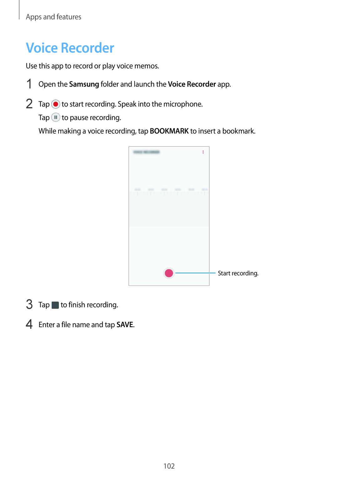 Samsung SM-J720FZKDKSA, SM-J720FZDDKSA manual Voice Recorder, Tap to finish recording Enter a file name and tap Save 