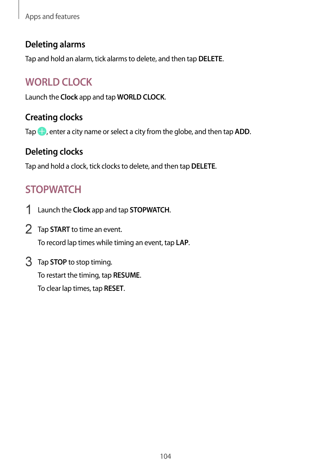 Samsung SM-J720FZVDKSA manual Deleting alarms, Creating clocks, Deleting clocks, Launch the Clock app and tap World Clock 