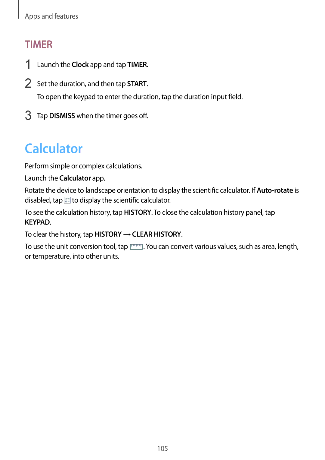 Samsung SM-J720FZKDKSA, SM-J720FZDDKSA, SM-J720FZVDKSA manual Calculator, Timer 