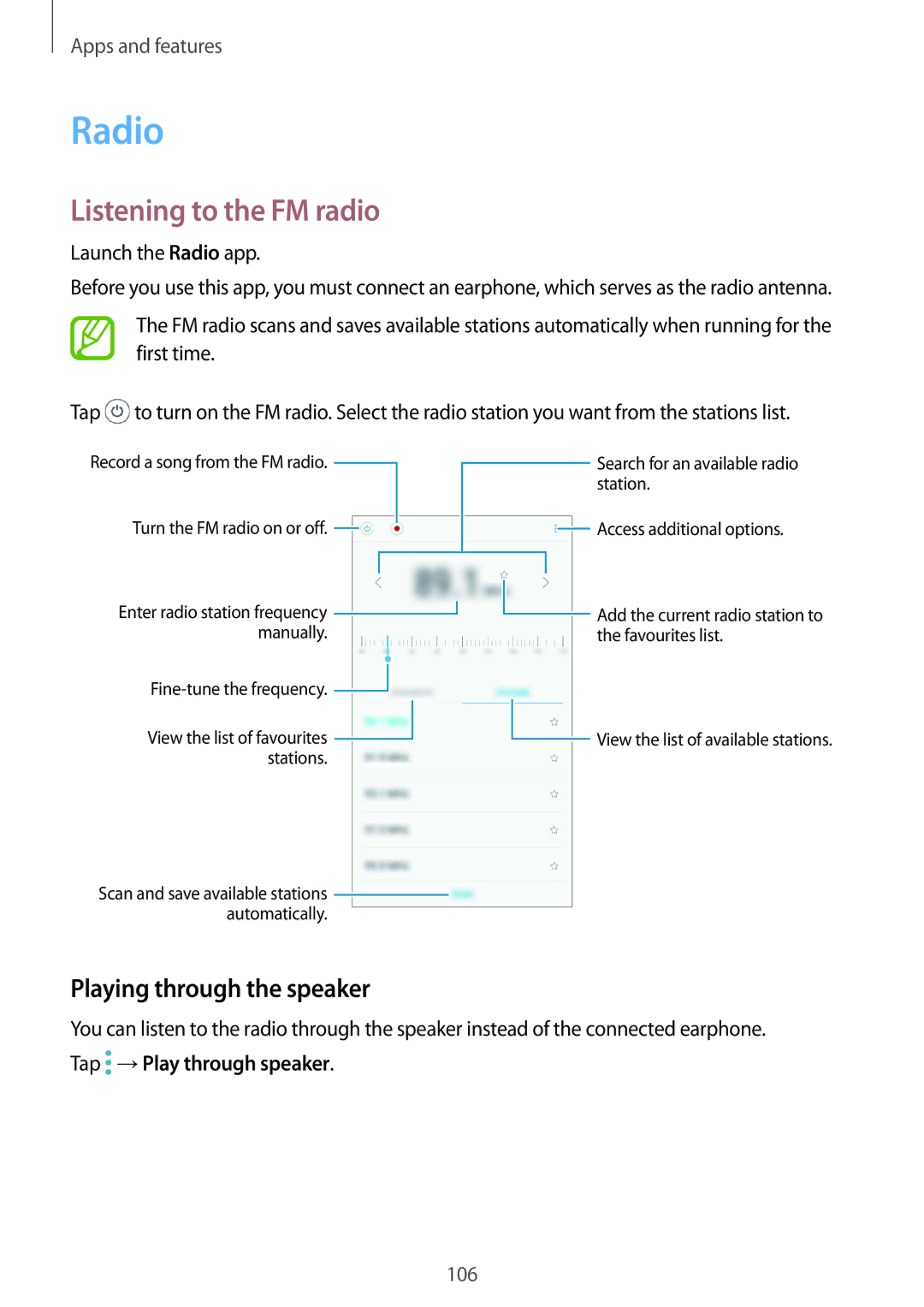 Samsung SM-J720FZDDKSA, SM-J720FZKDKSA Listening to the FM radio, Playing through the speaker, Launch the Radio app 