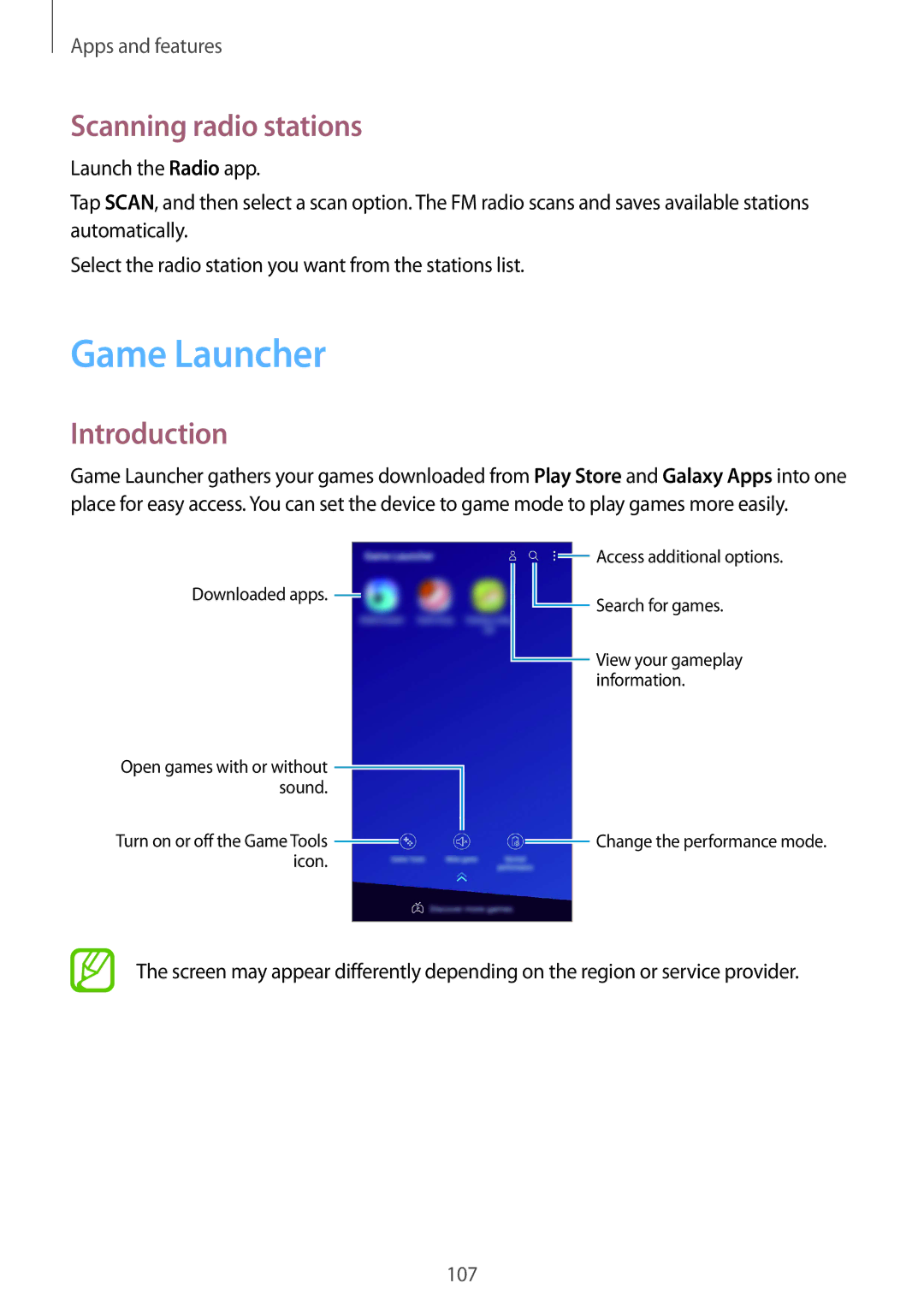 Samsung SM-J720FZVDKSA, SM-J720FZKDKSA, SM-J720FZDDKSA manual Game Launcher, Scanning radio stations 